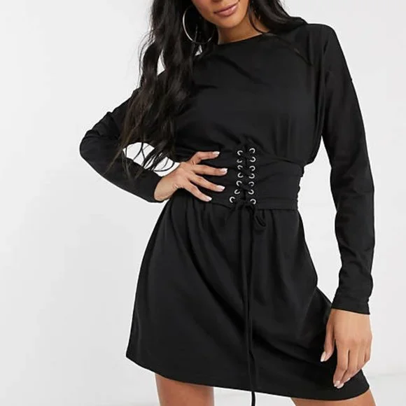 Missguided corset detail t-shirt dress with long sleeve in Black